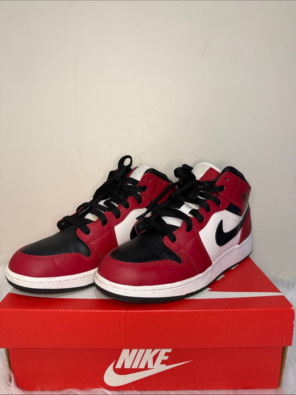 Nike Jordan Air 1 Mid Red, Black & White Mid-Top Sneakers 5.5Y or 24cm